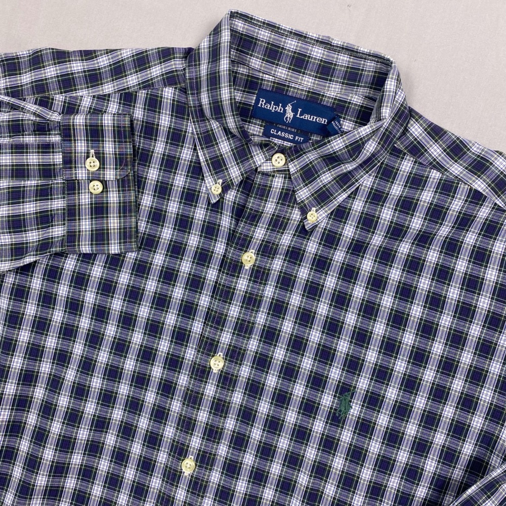 Ralph‎ Lauren Classic Fit Plaid Button Down Shirt Mens 16 L Navy Green Cotton